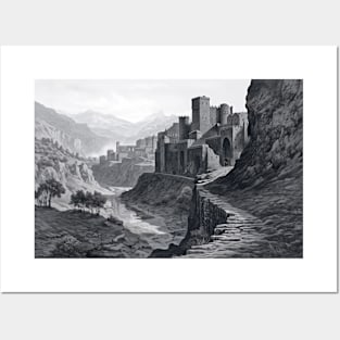 Fortress Mountain Castle Fantasy Story Ink Sketch Style Posters and Art